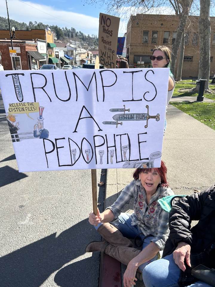 Photo by Laurie Sylwester. Lady with sign at the Courthouse Park protest in Sonora on February 7, 2026.