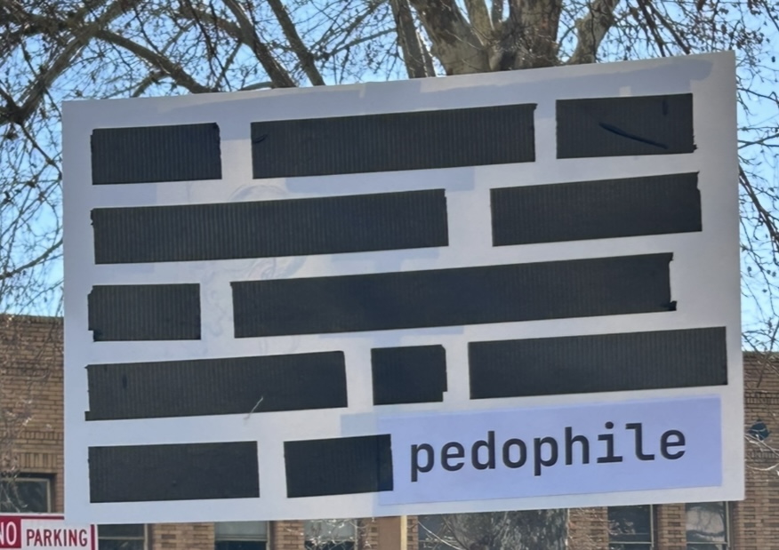 Photo by Laurie Sylwester. Sign clearly depicting that Trump is a pedophile.