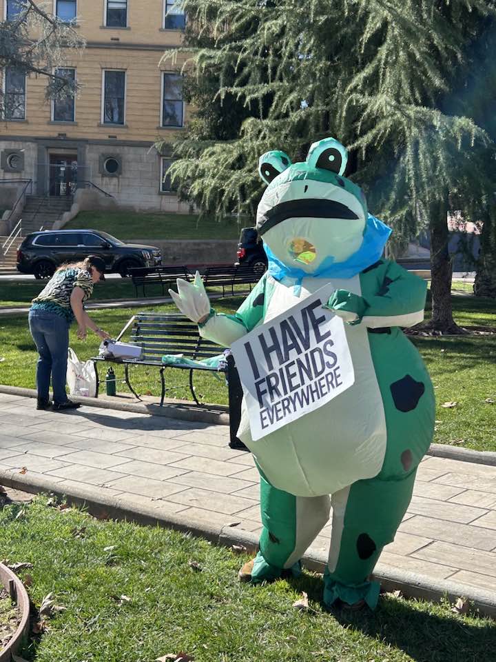 Cool dude in frog suit holding a sign at the protest in Sonora on February 7, 2026. Photo by Laurie Sylwester.